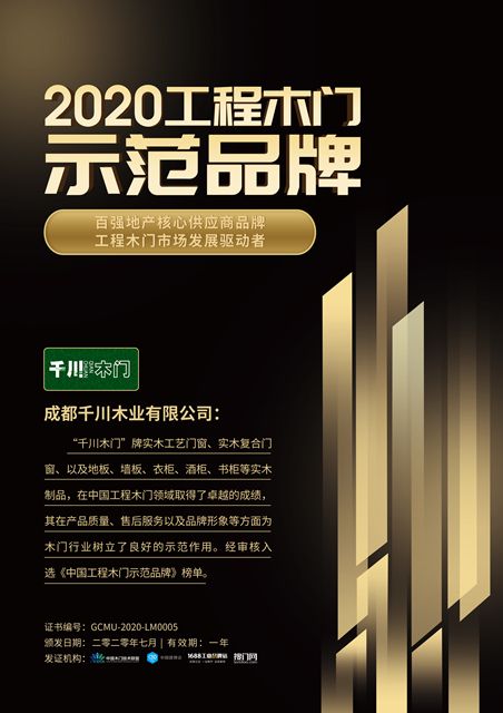 “立工程示范，铸品牌典范，创行业模范”千川木门荣获2020工程木门示范品牌