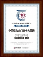 帝奥斯门窗荣膺华腾杯“2019中国铝合金门窗影响力十大品牌”